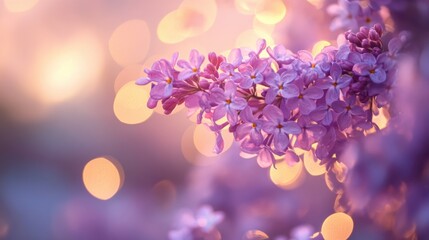 Poster - Soft pastel lilac blossoms gently illuminated by bokeh lights at dusk