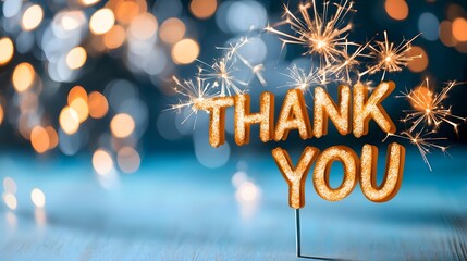 Poster - Glowing golden  Thank You  text displayed against a soft blurred background filled with bursting twinkling sparklers and a festive celebratory atmosphere  The image conveys a sense of gratitude