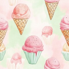 Poster - Serene watercolor doodle of ice cream cones and scoops on a pastel background