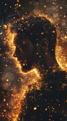 Poster - Serene representation of a man glowing with light and energy against a dark background in an abstract style