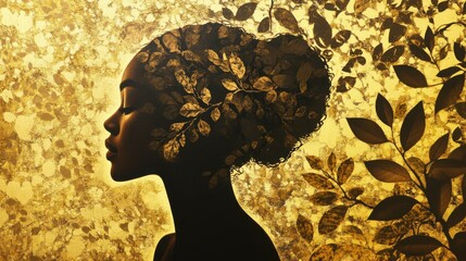 Poster - Woman with glowing features surrounded by golden leaves in serene setting during sunset