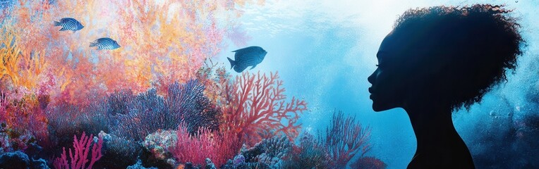Poster - Woman illuminated by vibrant coral reef while observing colorful fish in serene underwater setting