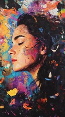 Poster - Beautiful woman with a serene expression surrounded by vibrant colors in an artistic composition