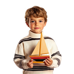 Child holding a toy sailboat indoor setting png image bright environment close-up view creative concept