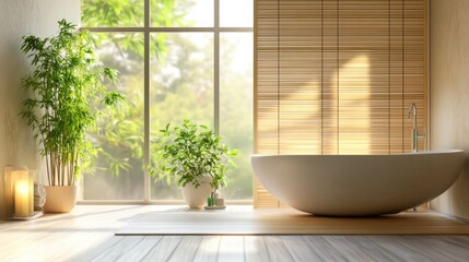 Poster - Serene bathroom featuring a soaking tub and bamboo accents with natural light filtering through large windows