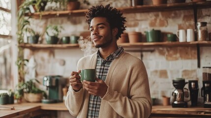 Poster - Relaxed young man enjoying a warm drink in a cozy cafe surrounded by plants in the afternoon sunlight