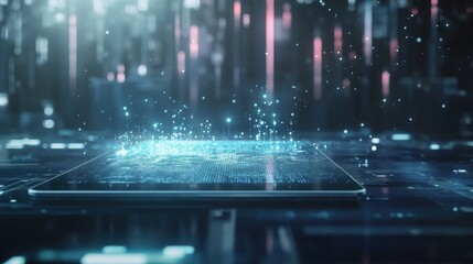 Poster - Projecting hologram data visualizations from a futuristic tablet in a server room, illuminating the space with floating light particles and advanced technology elements