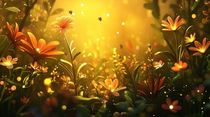 Aufkleber - Blooming garden plants illuminated by sunlight in a vibrant natural setting during late afternoon