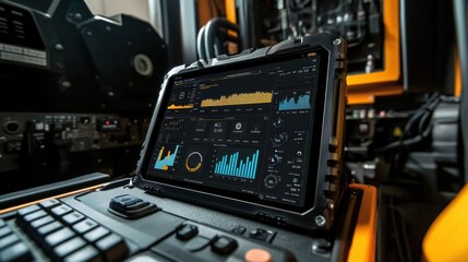 Poster - Rugged tablet computer showcasing various data visualizations and key performance indicators - kpis - within a complex industrial environment, suggesting advanced monitoring and control systems