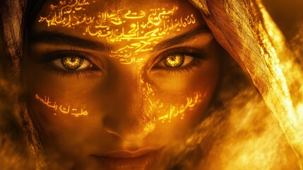 Aufkleber - Mystical visualization of a woman's face with glowing golden eyes and inscriptions glowing softly in a mystical atmosphere