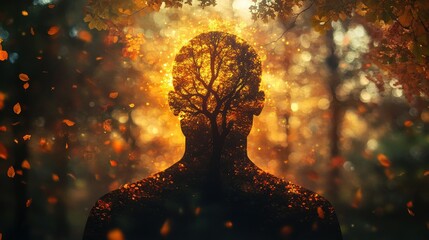 Aufkleber - Mystical silhouette of a man filled with vibrant autumnal nature in a serene forest setting during twilight