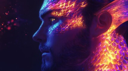 Poster - Mystical portrayal of a man's profile adorned with vibrant scales and ethereal colors