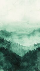 Poster - Deep green watercolor gradient creates a moody atmosphere over layered hills and forests at dawn