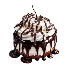 Poster - A decadent cake topped with whipped cream and generously drizzled with rich dark chocolate.