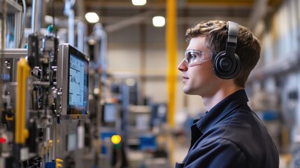 Poster - Young engineer wearing headphones and safety glasses monitoring production line data on a computer screen in a modern factory, ensuring smooth operations and high quality output