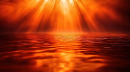 Poster - Vibrant orange glow illuminates the water as sunlight breaks through clouds during sunset over a tranquil lake