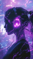 Poster - dynamic silhouette of a woman with headphones immersed in vibrant light patterns in a contemporary u