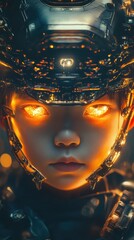 Poster - dynamic children's face blending futuristic elements with glowing eyes in a sci-fi setting