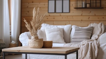 Poster - Cozy living room with shiplap wall featuring comfortable seating and natural decor
