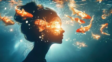Aufkleber - Conceptual visualization of a woman with koi fish swimming around her, merging nature and imagination in a surreal underwater world