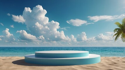 Wall Mural - sunlit beachfront platform surrounded by serene ocean and vibrant clouds during daytime