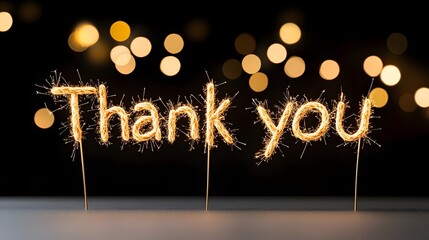 Poster - Vibrant and Festive Sparkler Style Thank You Text with Shimmering Golden Sparks and a Radiant Bokeh Background in Rich and Warm Tones