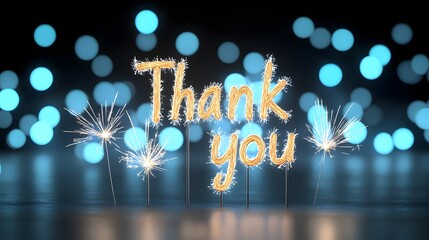 Poster - Glowing golden Thank You text in a sparkler style display set against a shimmering blue toned bokeh background with luminous sparks and a celebratory festive atmosphere