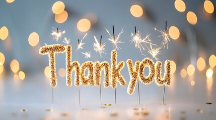Poster - Glowing sparkler text that spells out  Thank You  with golden sparks forming each letter set against a luxurious golden bokeh background for a festive and elegant design