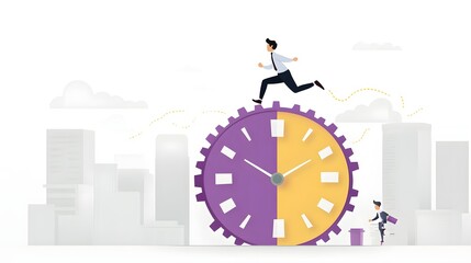 Aufkleber - Cartoon of a business professional running atop a giant vibrant purple and yellow gear clock conveying the concepts of corporate dynamics time management efficiency and productivity