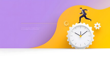 Aufkleber - of a Suit Clad Professional Running Atop a Gear Shaped Clock Against a Dynamic Purple and Yellow Gradient Background Symbolizing Efficiency Time Management and Career Success in the Corporate World