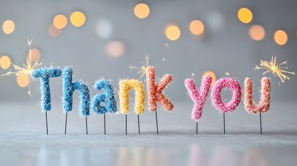 Poster - Bright and vibrant Thank you text presented in a sparkler like style with reflections on a glossy glossy surface and a warm glowing bokeh effect creating a celebratory festive atmosphere