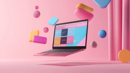 Poster - A pink laptop hovers in mid-air, showcasing various colorful application icons against a soft pastel backdrop. The playful environment features floating geometric shapes, enhancing its modern feel.