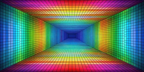 Wall Mural - Vibrant Rainbow Grid Corridor A Psychedelic Digital Art Piece