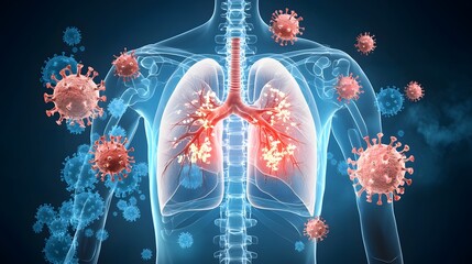 Aufkleber - Anatomical X Ray Style of Human Body Highlighting Lungs with Red COVID 19 Virus Particles Surrounded by Blue Gradient Medical Design