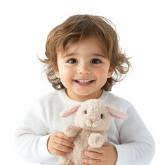 Joyful child holding plush bunny indoor setting portrait photography bright environment happy concept png