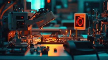 Poster - Automated robotic arm soldering a circuit board in a high tech factory, illuminated by orange and teal lights, showcasing advanced manufacturing technology