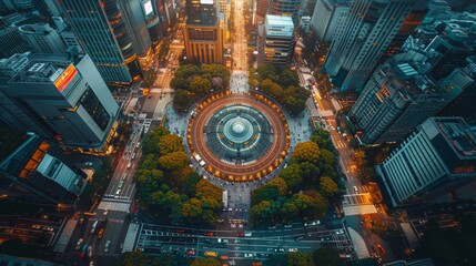metropolitan city square scene. aerial viewpoint capturing natural sunlight and city pulse in panora