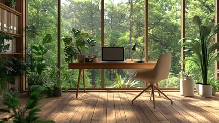 Poster - A calming home office setup with a laptop on a wooden desk, facing a large window overlooking a lush forest.