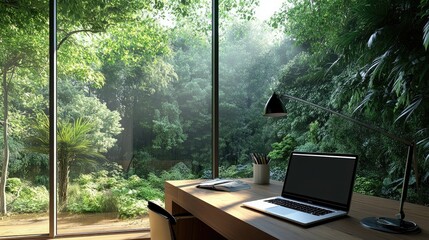 Poster - A calming home office setup with a laptop on a wooden desk, facing a large window overlooking a lush forest.