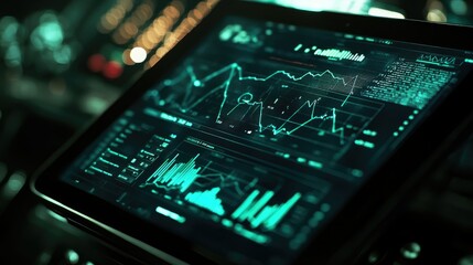 Poster - A close-up of a tablet screen displaying economic growth charts and connected data systems, used by a professional businessman.