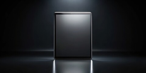 Sleek tablet computer displayed on a dark reflective surface, illuminated by a spotlight