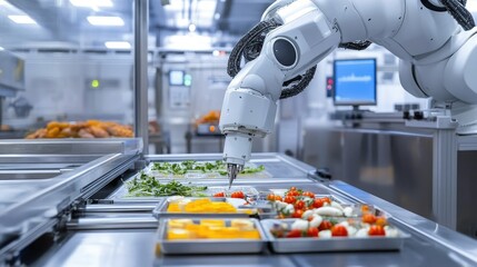 Poster - Automated robot overseeing production in a high-tech food facility, ensuring precision and quality in a spotless environment.