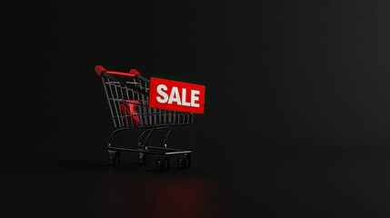 Fototapete - Black Friday sale concept with a vibrant red cart and a bold sale sign on a clean black background, perfect for marketing visuals.
