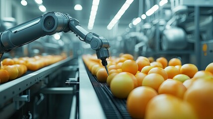 Poster - Automated robot overseeing production in a high-tech food facility, ensuring precision and quality in a spotless environment.