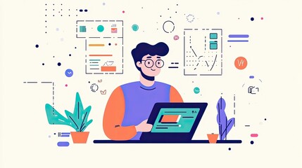 Poster - Business strategy concept with a businessman working on a tablet showing sales data, digital marketing insights, and analytics.