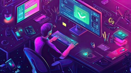 Poster - Computer technician visualizing software development with isometric icons for app and website design, surrounded by gadgets.