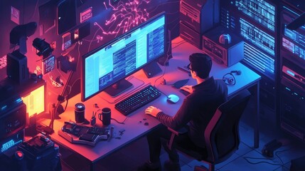 Poster - Computer technician visualizing software development with isometric icons for app and website design, surrounded by gadgets.