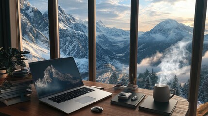 Poster - Cozy home office setup with a laptop, a steaming cup of coffee, and a stunning mountain view through large windows.