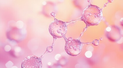 Poster - Close-up of transparent pink molecule structure with bokeh effect on a peach pink background