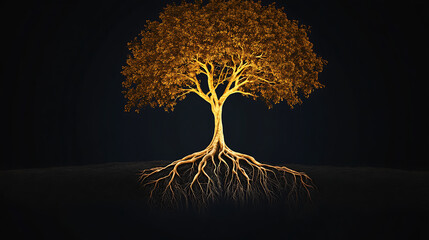 Wall Mural - Glowing tree with intricate roots and luminous leaves against a dark background.